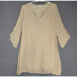 Indigo Rose Boho Top Womens 2X Beige Overlay Lace V-Neck 3/4 Split Sleeve Tunic